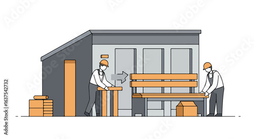 Woodworkers make bench in workshop with lumber, tool, using equipment and machines