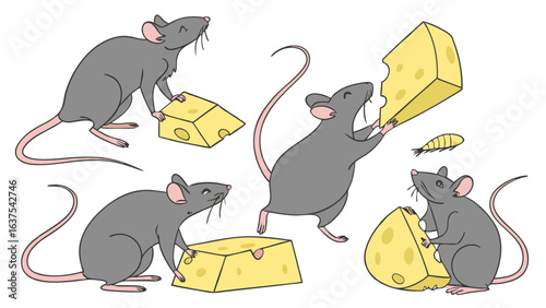 Cartoon Mice Interacting with Cheese in Various Poses.