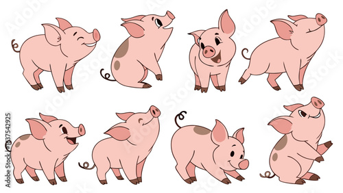 Cartoon Pigs Collection of Eight Cute Pink Pig Illustrations.