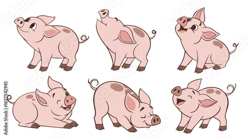 Cartoon Pigs in Various Poses with Pink Skin and Brown Spots.