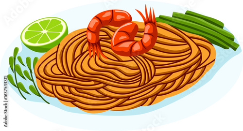 Vector Illustration of Pad Thai with Shrimp