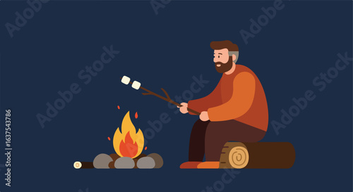 Campfire scene showing a man roasting marshmallows over a fire, sitting on log