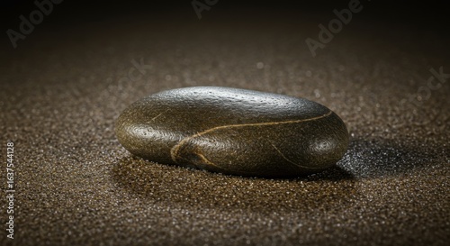 Dark Grey Smooth River Rock on Wet Sand Minimalist Zen Background