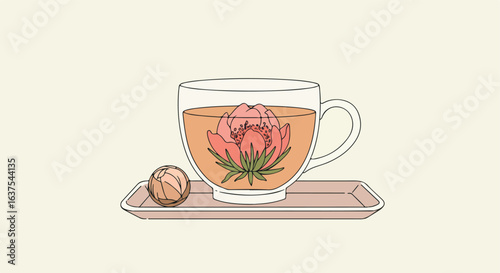 Aromatic floral tea in a glass cup rests on a pink tray with a tea ball next to it
