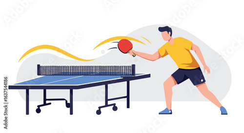 Athlete hitting ping pong ball over the net, yellow shirt, shorts and shoes