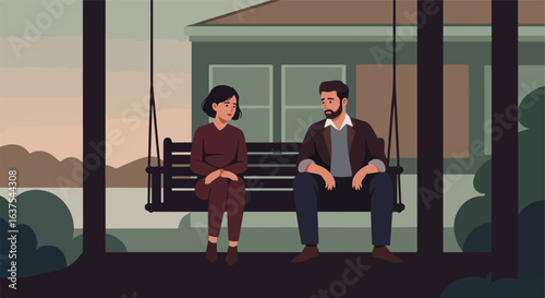 Sad couple is seated on a porch swing. Exterior home in background. Calm illustration