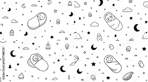 Seamless doodle pattern of baby sleeping elements including swaddles, stars, moons, clouds, and lanterns. Perfect for nursery wallpapers and kids’ textile designs.


