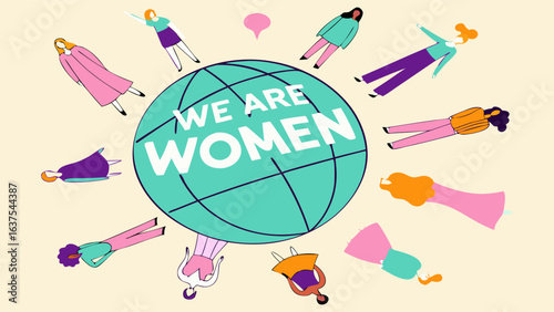 Colorful Illustration of Women Surrounding a Globe with Text.