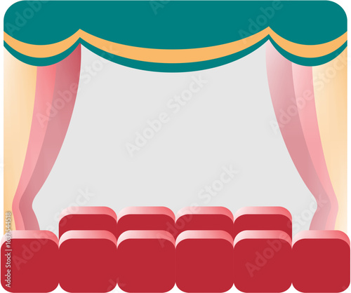 Vector, Theater stage with red seats and curtain in colorful design  
