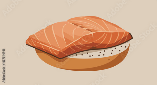 Raw salmon on rice with pepper. Light tan backdrop, flat, food still life