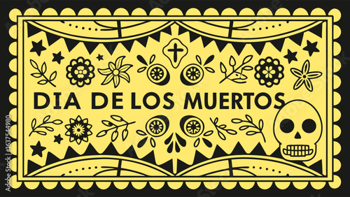 Dia de los Muertos Ofrenda Yellow and Black Floral Skull Design.