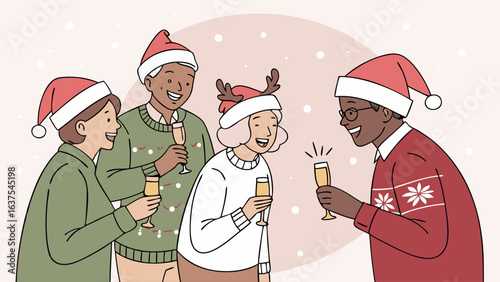 Diverse Group Celebrating Christmas with Champagne Toast.