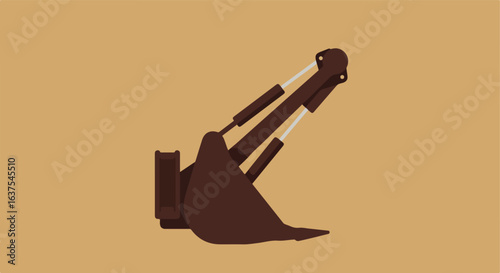 Isolated, dark brown excavator scoop with cylinder and arm against solid background