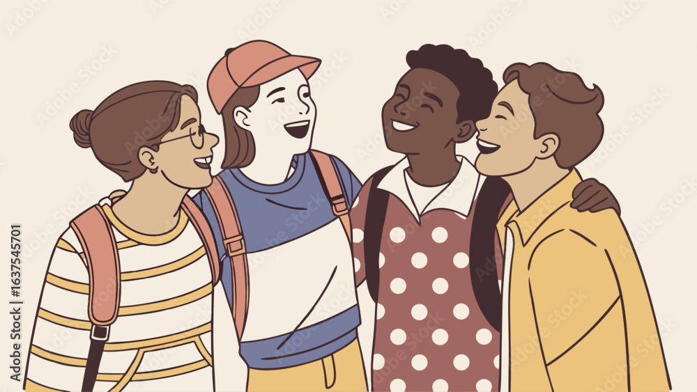 Obraz premium Diverse Group of Smiling Students with Backpacks Hugging and Laughing.