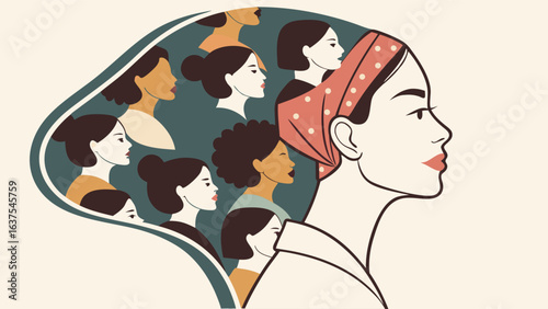 Diverse Group of Women in Profile with Headscarf and Various Hairstyles.