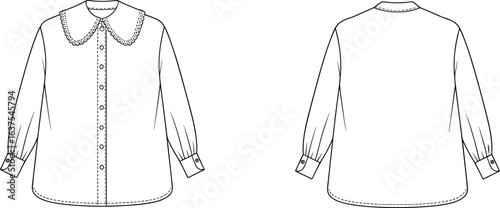 Blouse CAD drawing with lace peter pan collar, long sleeve shirt fashion flat sketch front and back technical view