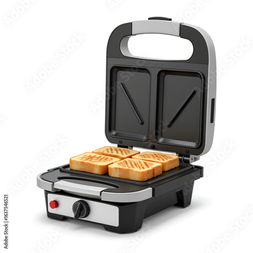 Sandwich maker with toasted bread inside on white background  