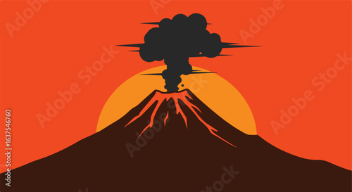 Erupting volcano with lava flow under a bright sun, smoke billowing into the air