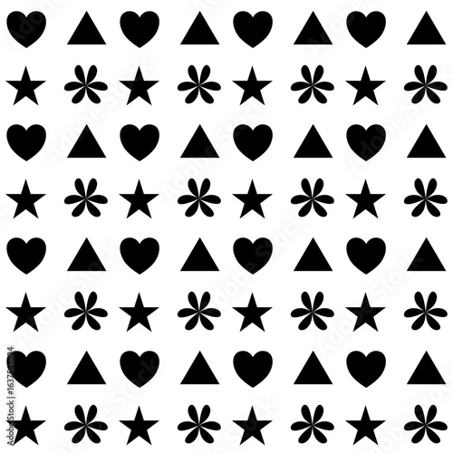 Heart, triangle, star and flower symbols on a white background. Seamless pattern