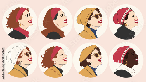 Diverse Women Portraits Headscarves Hats and Sunglasses in Circular Frames.