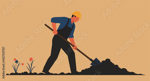 Worker shoveling dark soil wearing hard hat, overalls, and flowers growing nearby