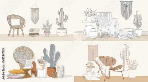 Cozy boho interior illustration set with chairs, cacti, pillows, and wall decor in warm earthy tones, perfect for home design projects.