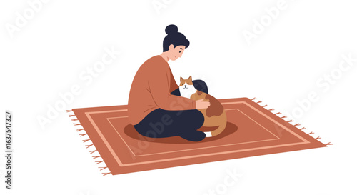 Illustration of a lady petting her cat while sitting on an orange rug