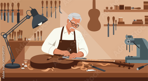 Guitar maker in workshop, tools and parts scattered around wood table crafting