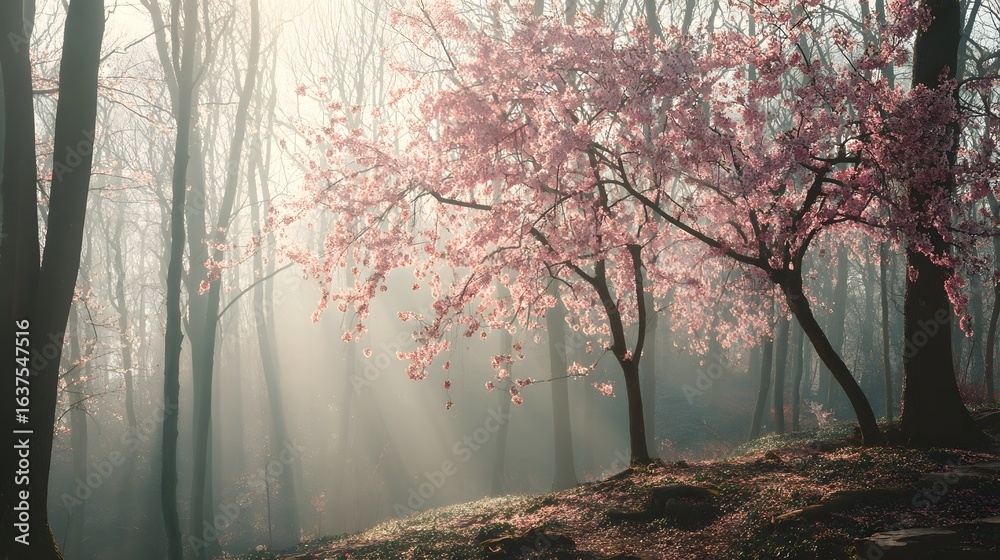 Obraz premium Pink blossoms in a misty forest.