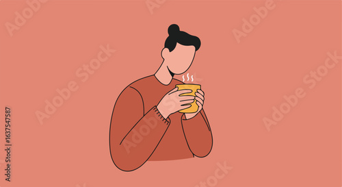 Person holding a hot drink, steaming from a mug, relaxed on soft pink backdrop