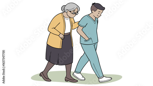 Elderly Woman Assisted by a Caregiver Walking Together.