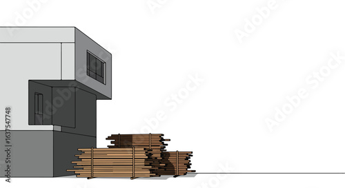 Drawing of an unfinished grey home with stacks of lumber laying nearby on the ground