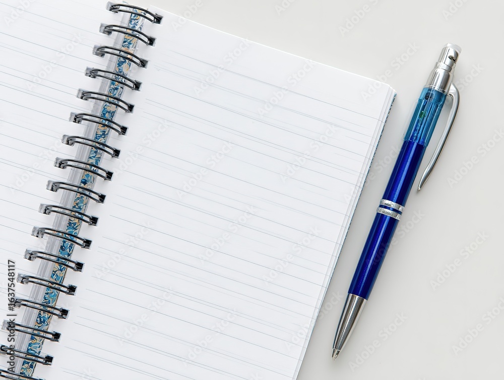 White-Lined Notebook with Blue Pen on Right, Flat-Lay on White Background for Study and Writing White-Lined Notebook with Blue Pen on Right, Flat-Lay on White Background for Study and Writing