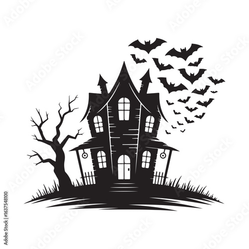 Haunted House with Bats and Tree