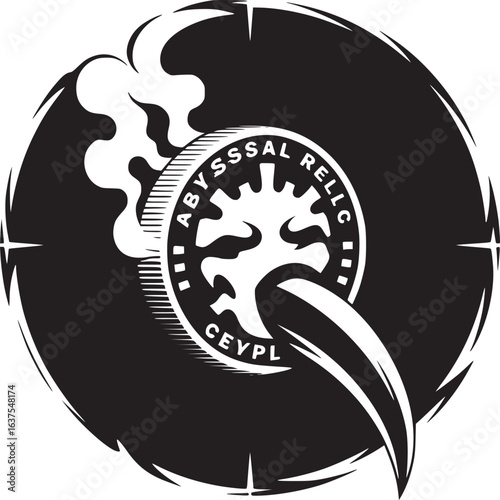 A graphic design of a black and white emblem with text and a claw in a circular arrangement