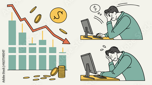 Financial Loss Illustration with Downward Graph and Stressed Businessman.