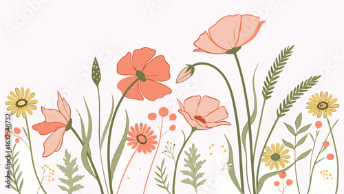 Floral Illustration with Poppies Daisies Berries and Greenery.