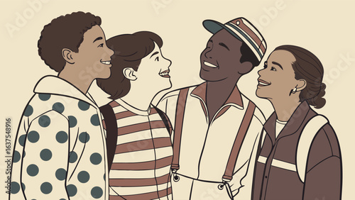 Four Smiling Friends Looking Upward in Joyful Camaraderie.