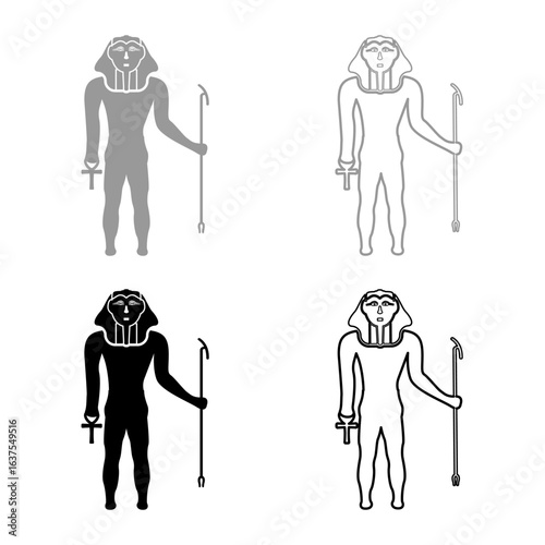 Pharaoh Egypt Tutankhamen King Tut set icon grey black color vector illustration image solid fill outline contour line thin flat style