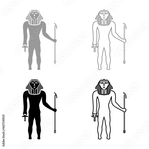 Egypt pharaoh Tutankhamen King Tut set icon grey black color vector illustration image solid fill outline contour line thin flat style