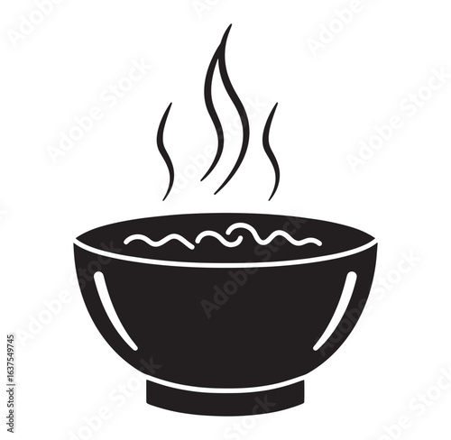 Simple black and white illustration of a steaming bowl of soup or broth