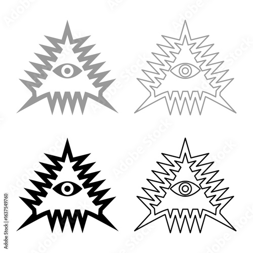 Mason symbol occult emblem of masonic Illuminati triangle all seeing eye of vision providence sacred sign in pyramid in triangle secret concept set icon grey black color vector illustration image 