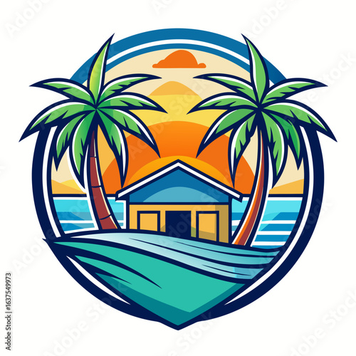 Vector art of stylized tropical island vista at sunset, featuring palm trees, a beach house, and ocean waves, evoking a sense of summer vacation