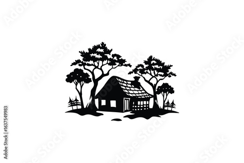 creative digital colorful vibrant crisp clean stylish elegant modern detailed professional high quality Serene Rural Retreat Silhouette Home Amidst Majestic Trees Inviting Gates and Tranquil Fences