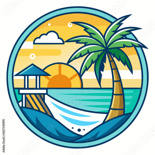 Vector art of idyllic tropical beach scene with a single palm tree, a pier with a small hut, and a hammock overlooking the ocean at sunset