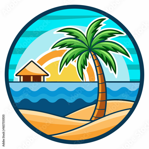Vector art of a solitary palm tree on a sandy beach beside the ocean with a tropical sunset or sunrise, depicted as a circular graphic