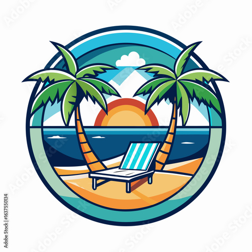 Vector art of relaxing tropical beach with two palm trees framing a lounge chair on the sand, facing the ocean with a vibrant sunset and calm water, symbolizing a perfect vacation