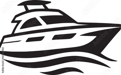 Sleek motor yacht silhouette sailing on calm water against a white background