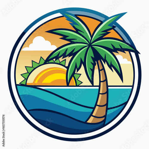 Vector art of stylized illustration of a single palm tree on a tropical beach at sunset, with the sun rising over the ocean waves, set within a circular frame