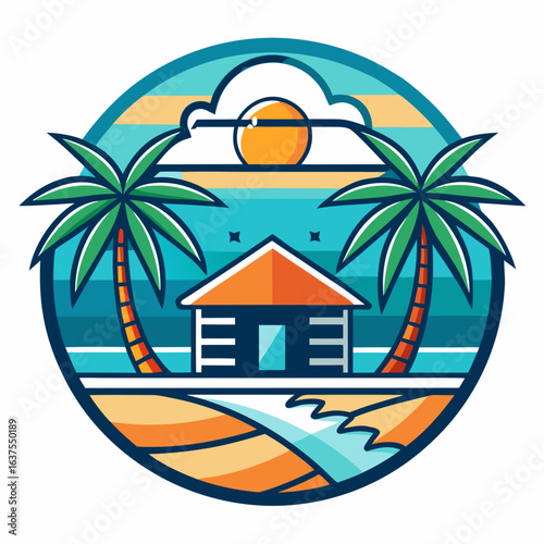 Vector art of tropical beach scene with palm trees, a small cabin, and a river flowing towards the ocean under a bright sun and clouds, evoking a sense of paradise and vacation